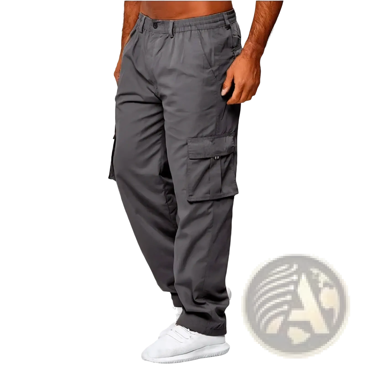 Mens casual loose cargo pants in dark gray with multiple pockets and relaxed fit for everyday comfort