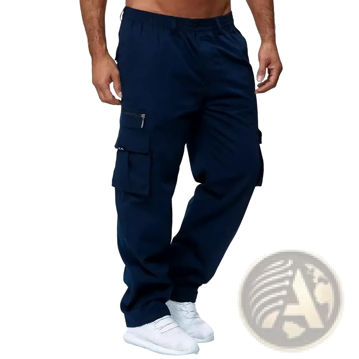 Dark navy mens casual loose cargo pants with multiple pockets and a relaxed fit for everyday wear