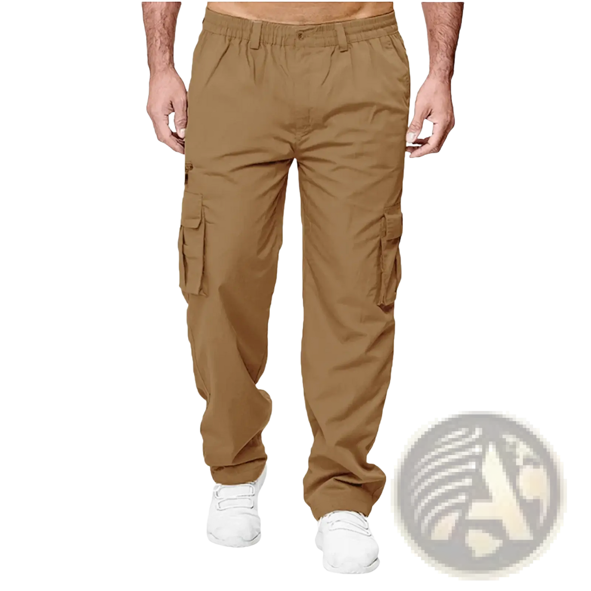 Mens casual loose tan cargo pants with multiple side pockets and elastic waistband for comfortable wear