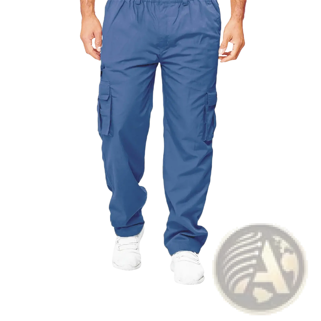 Mens casual loose blue cargo pants with multiple pockets and elastic waistband made from durable fabric