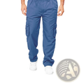 Mens casual loose blue cargo pants with multiple pockets and elastic waistband made from durable fabric