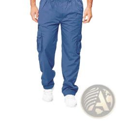 Mens casual loose blue cargo pants with multiple pockets and elastic waistband made from durable fabric