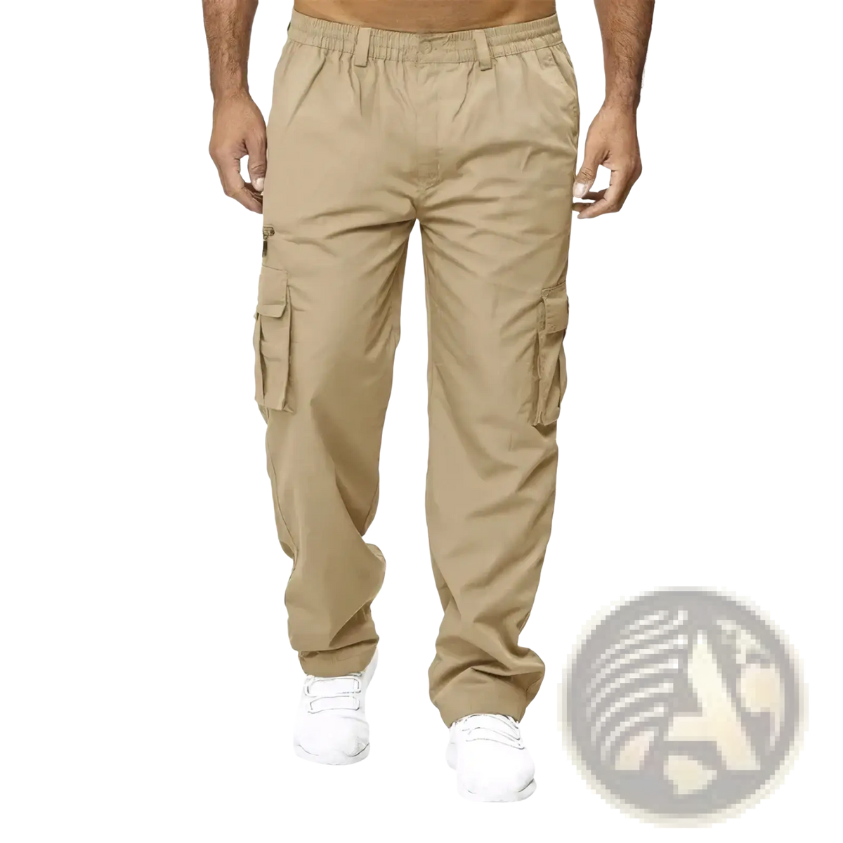 Mens casual loose khaki cargo pants with multiple side pockets and an elastic waistband for comfortable wear