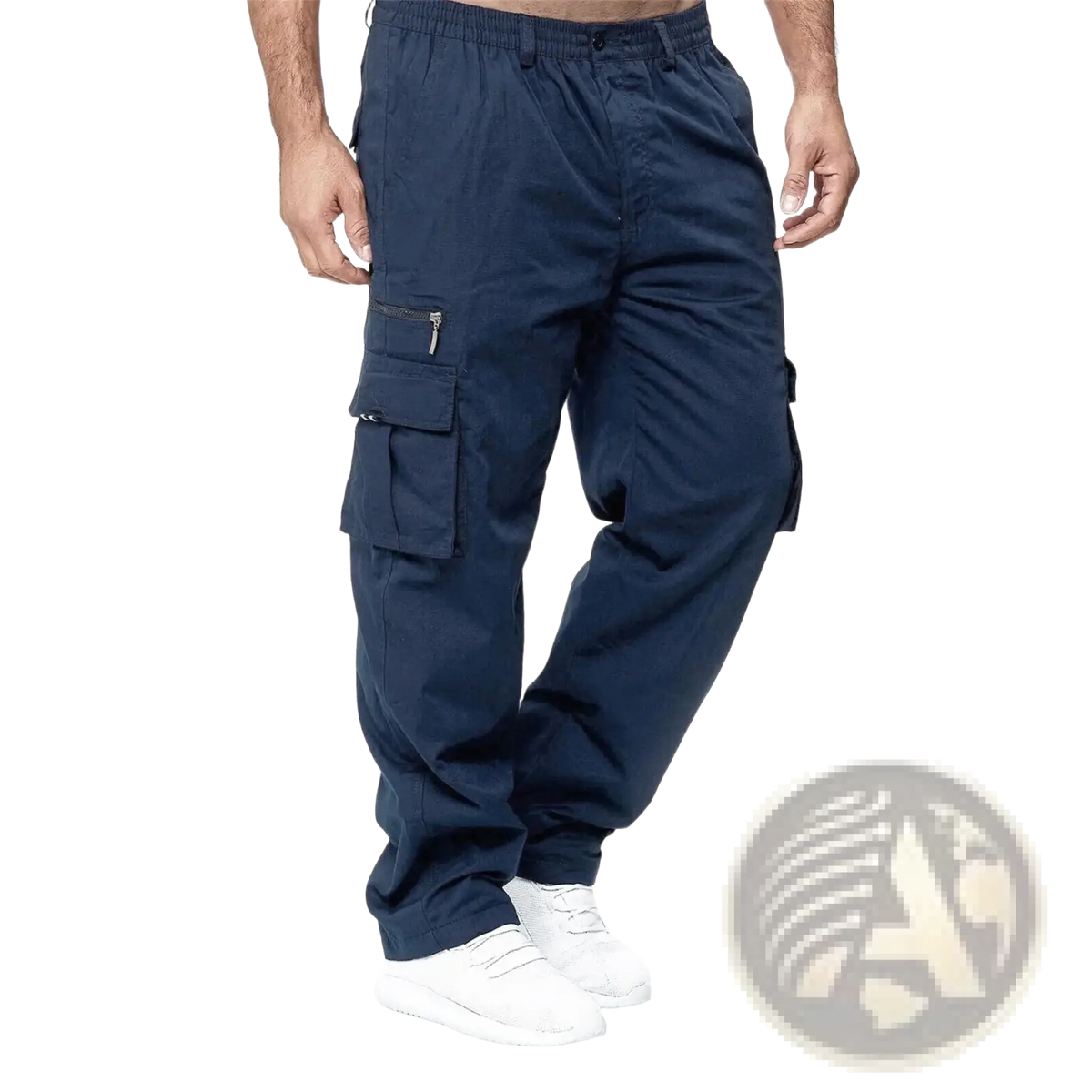 Mens casual loose cargo pants in dark navy with multiple pockets and an elastic waistband for comfortable wear