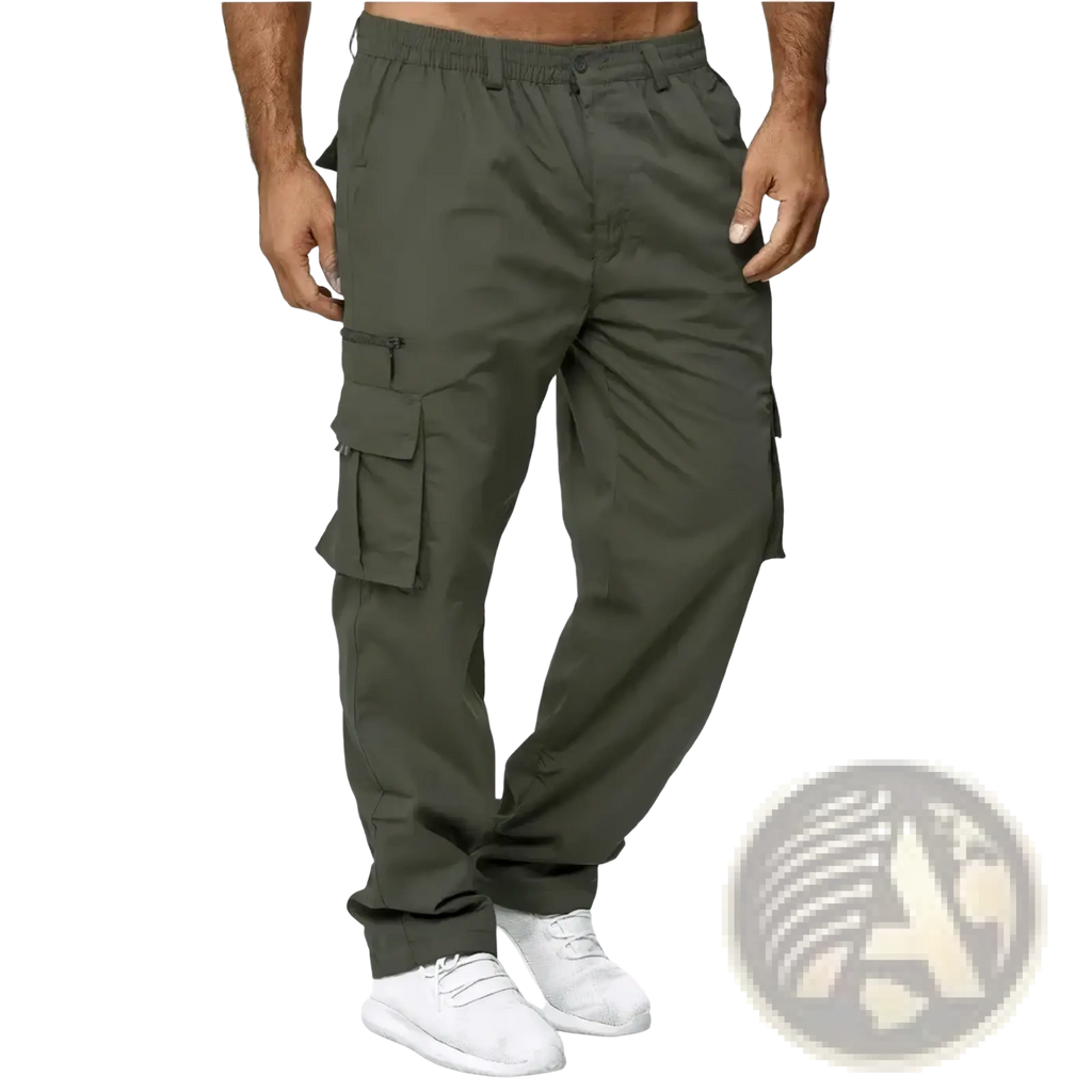 Mens casual loose olive green cargo pants with multiple pockets and elastic waistband for comfortable wear