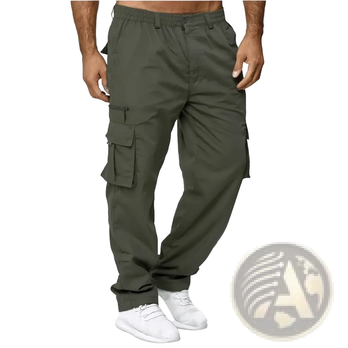 Mens casual loose olive green cargo pants with multiple pockets and elastic waistband for comfortable wear