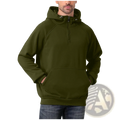Men’s casual olive green half zip pullover hoodie with hood, front pocket, and ribbed cuffs for everyday wear