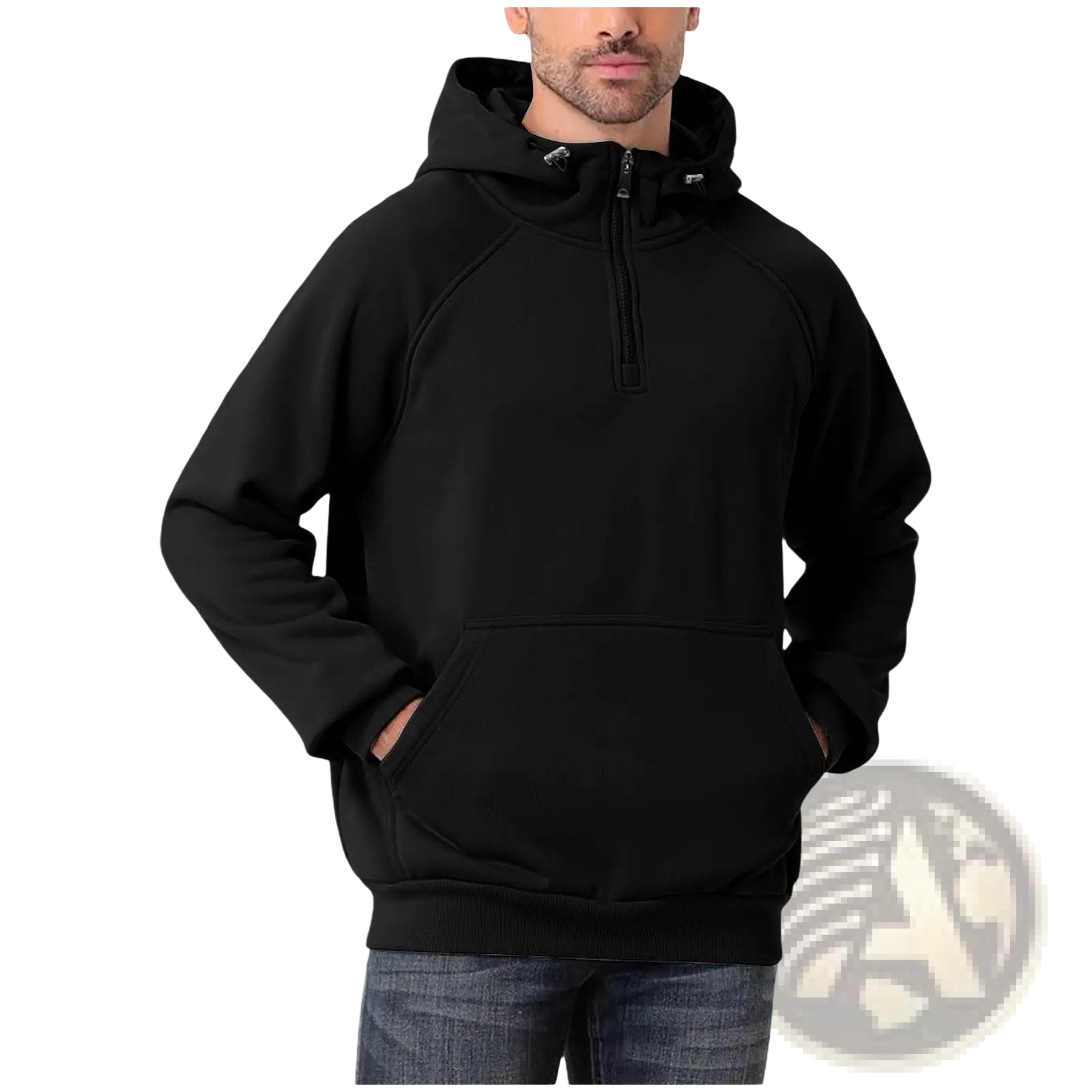 Men’s casual black half zip pullover hoodie with hood front pocket and ribbed cuffs for everyday wear