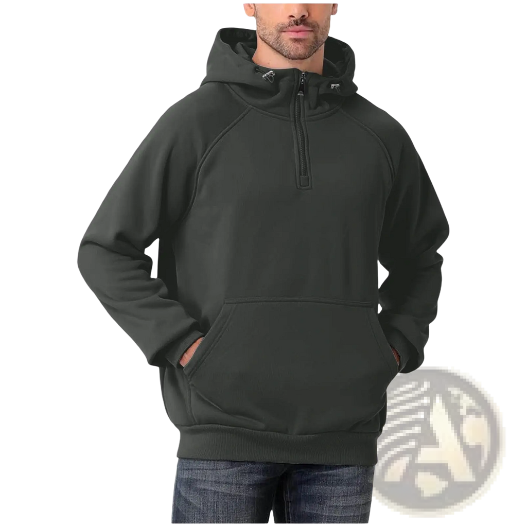 Men’s casual dark olive green half zip pullover hoodie with ribbed hem cuffs and front kangaroo pocket