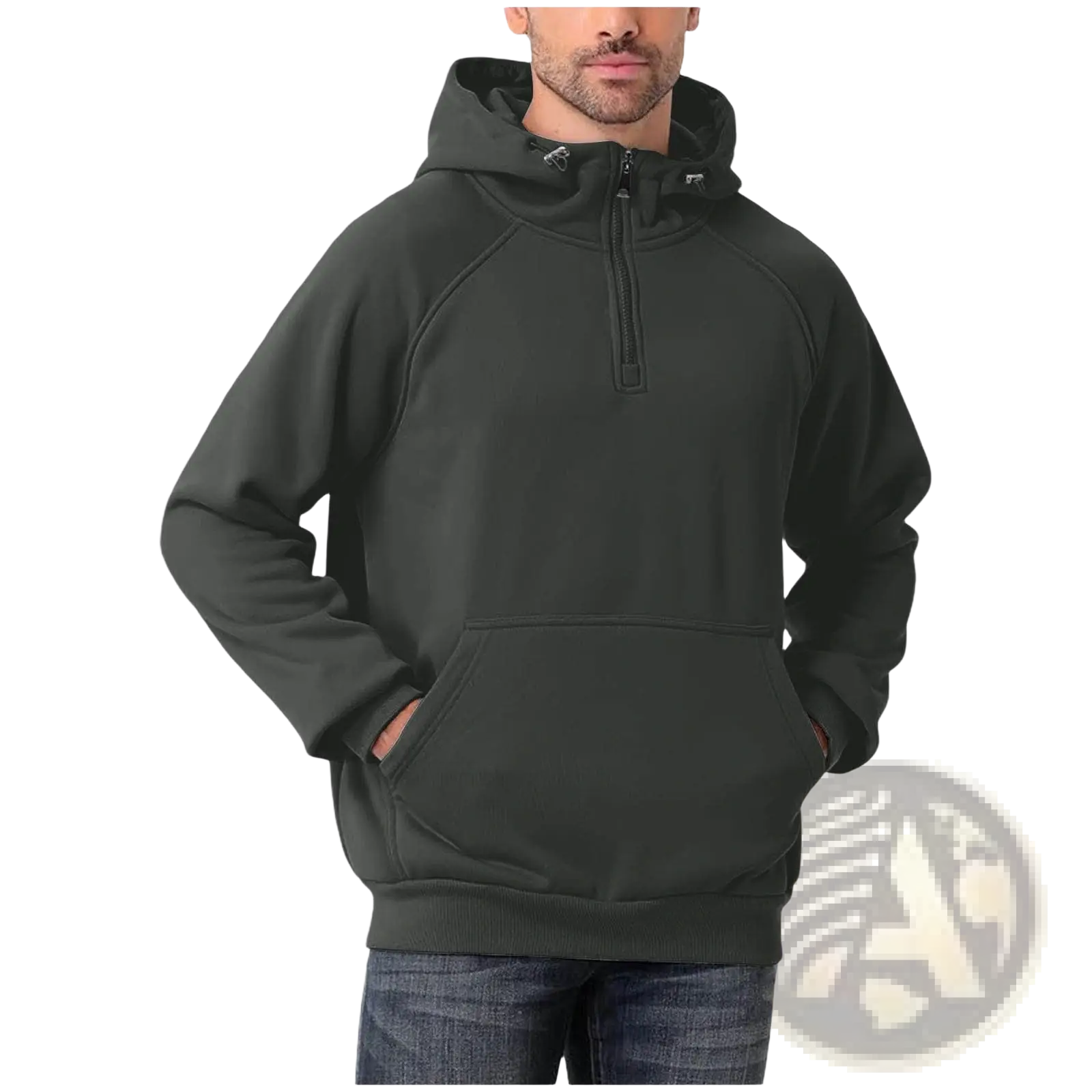 Men’s casual dark olive green half zip pullover hoodie with ribbed hem cuffs and front kangaroo pocket