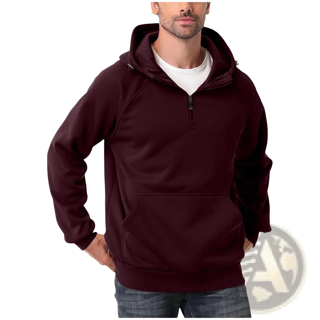 Men’s casual maroon half zip pullover hoodie with front pocket and drawstring hood for versatile wear