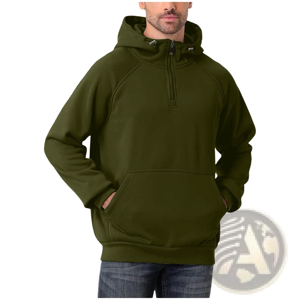 Men’s casual olive green half zip pullover hoodie with hood front pocket and ribbed cuffs for everyday wear