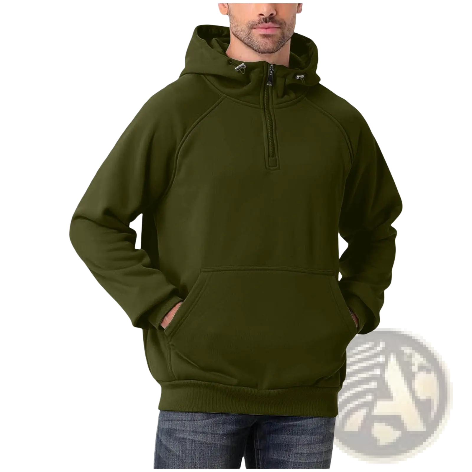 Men’s casual olive green half zip pullover hoodie with hood front pocket and ribbed cuffs for everyday wear