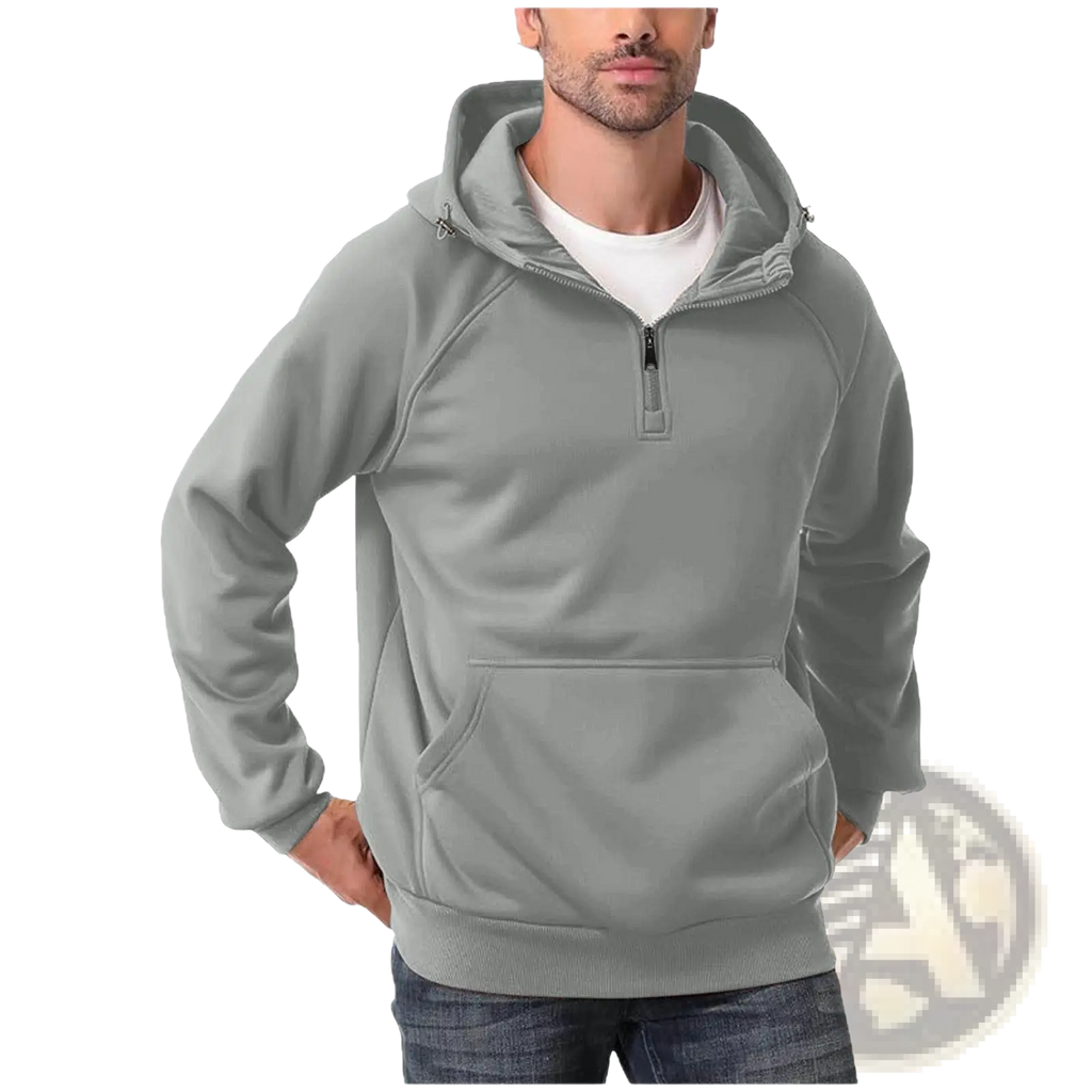 Men’s casual soft gray half zip pullover hoodie with drawstring hood and front pocket for everyday wear