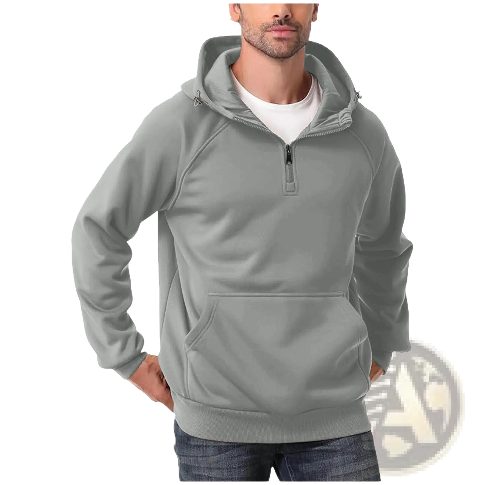 Men’s casual soft gray half zip pullover hoodie with drawstring hood and front pocket for everyday wear