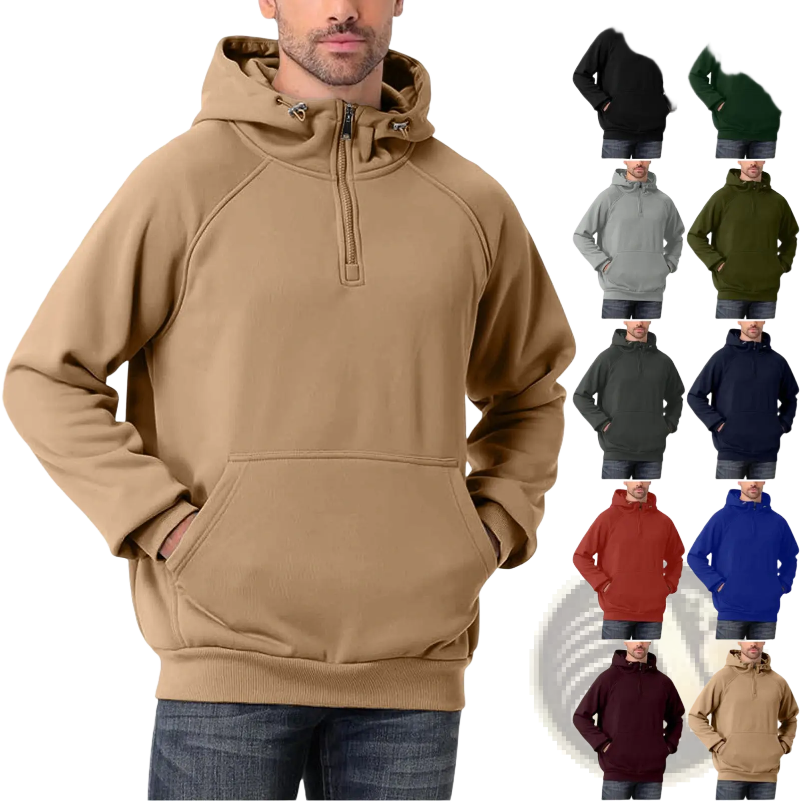 Men’s casual tan half zip pullover hoodie with hood front pocket and ribbed cuffs for everyday wear