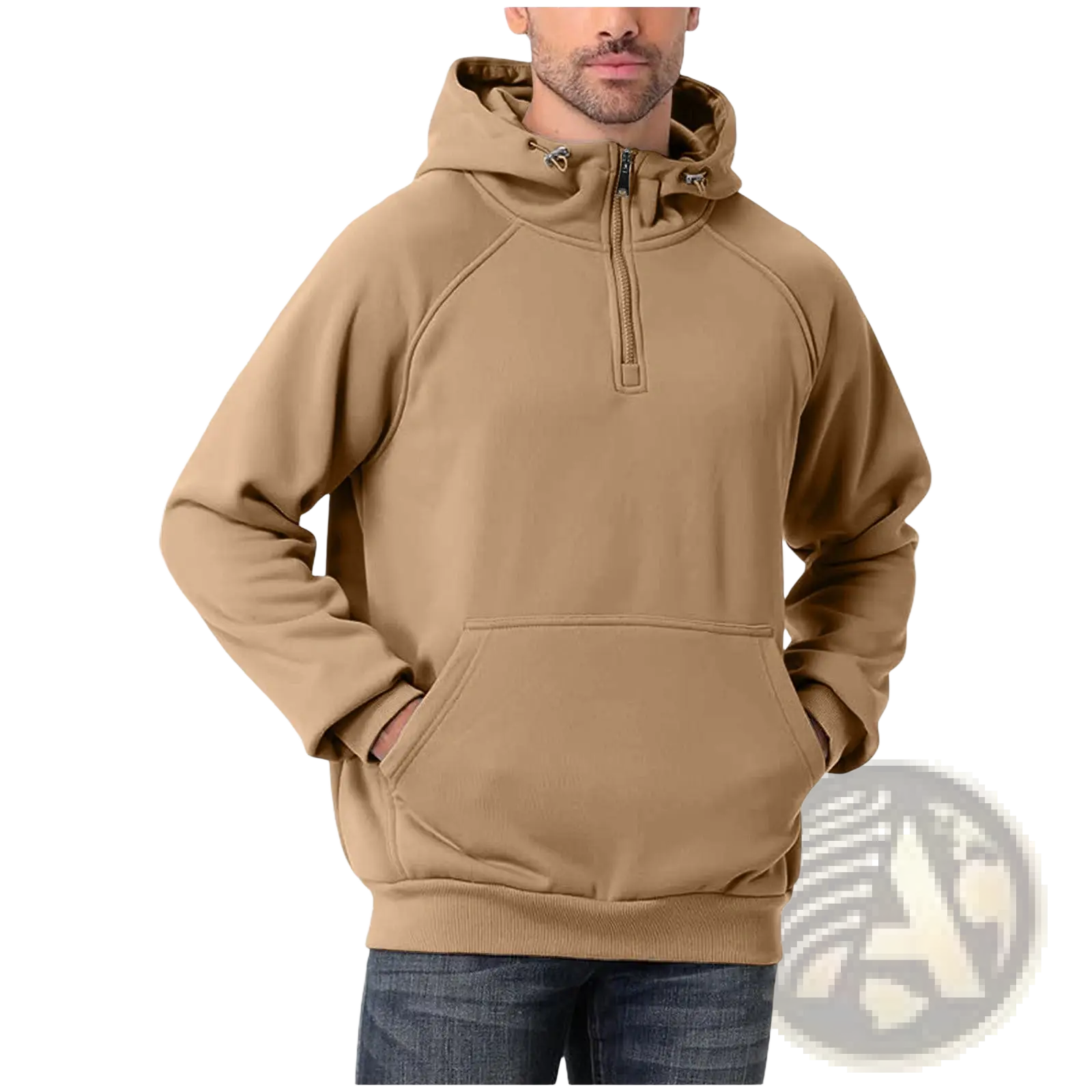 Men’s casual tan fleece half zip pullover hoodie with drawstring hood and soft material for comfortable wear