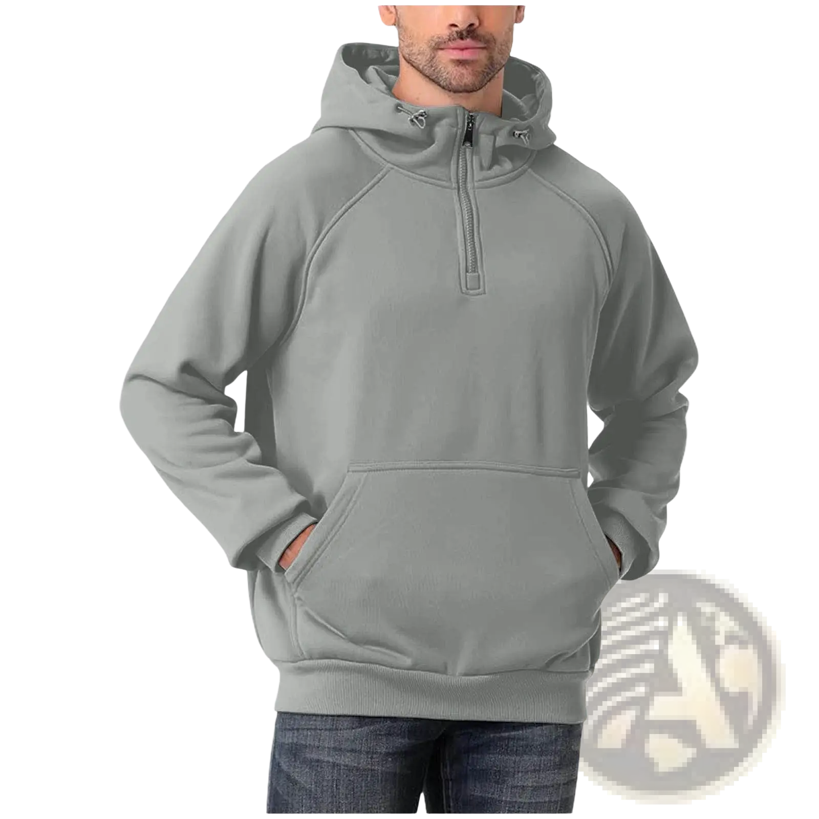 Men’s casual gray half zip pullover hoodie with front pocket and drawstring hood for everyday comfort