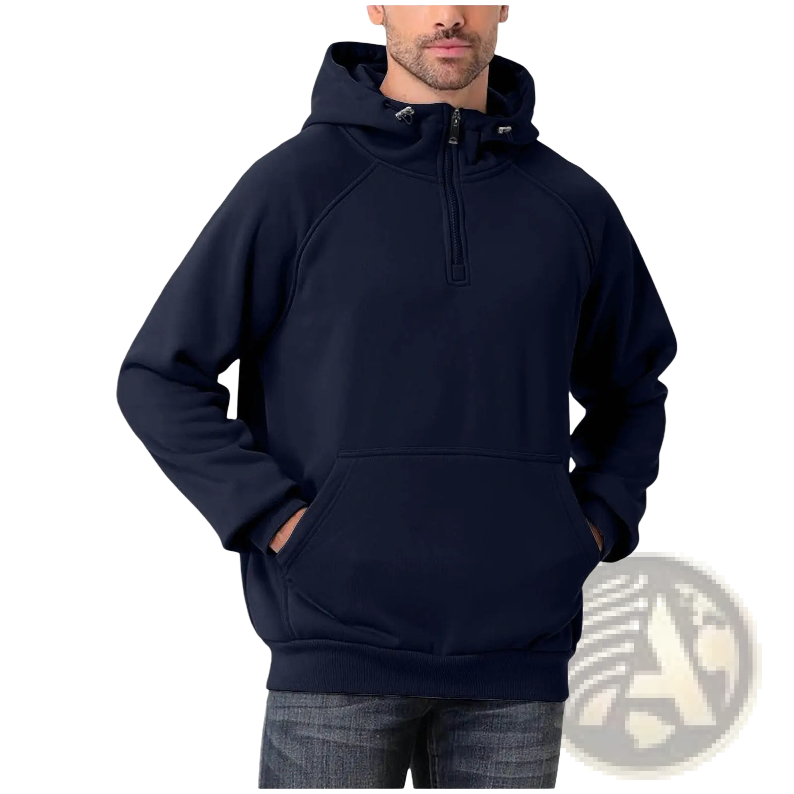 Men’s casual navy blue half zip pullover hoodie with hood front pocket and ribbed cuffs and hem
