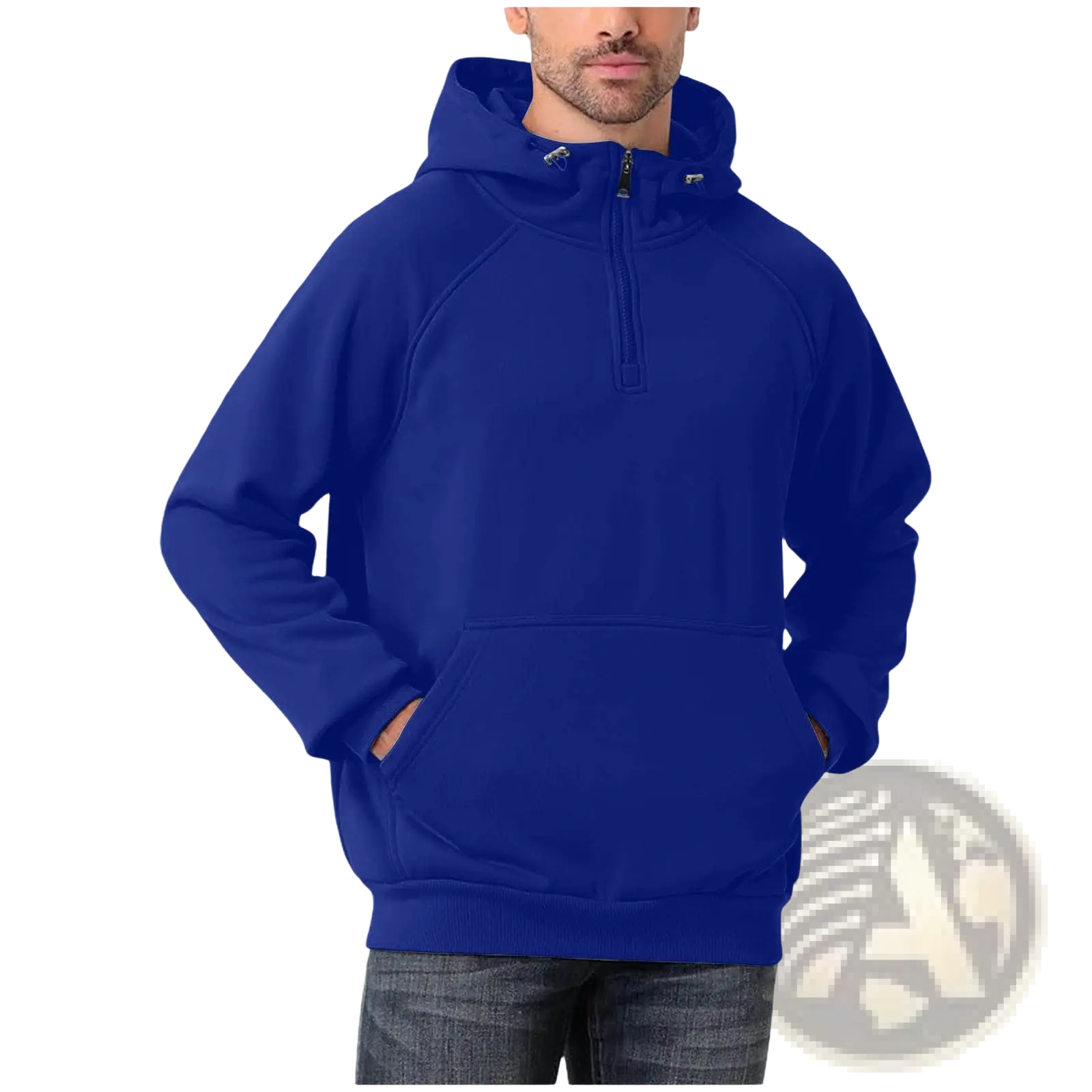 Men’s casual royal blue half zip pullover hoodie with front pocket and ribbed cuffs for everyday wear