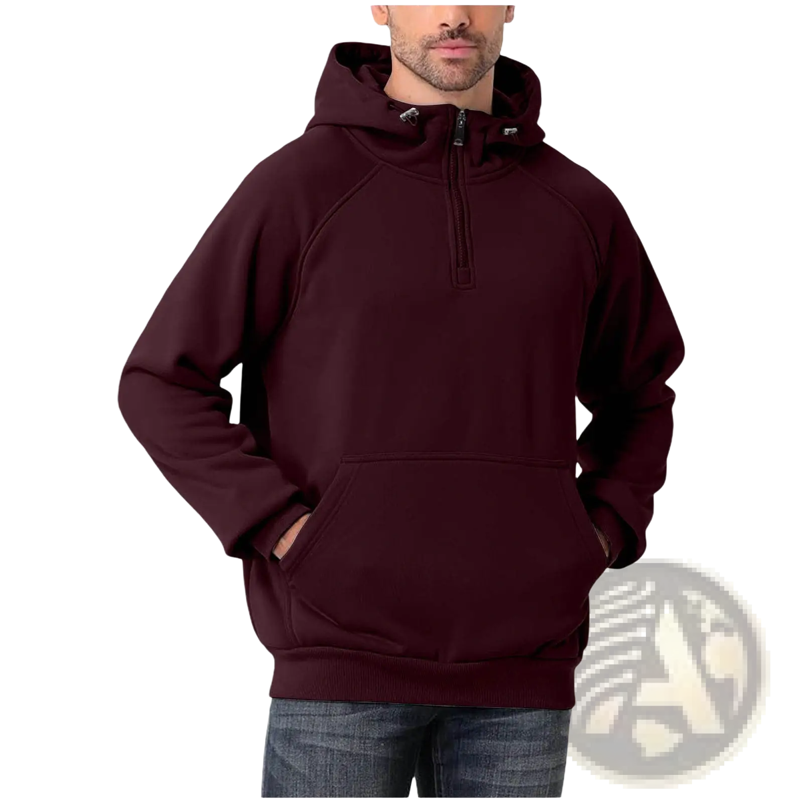 Men’s casual maroon half zip pullover hoodie with hood, front pocket, and ribbed cuffs for everyday wear