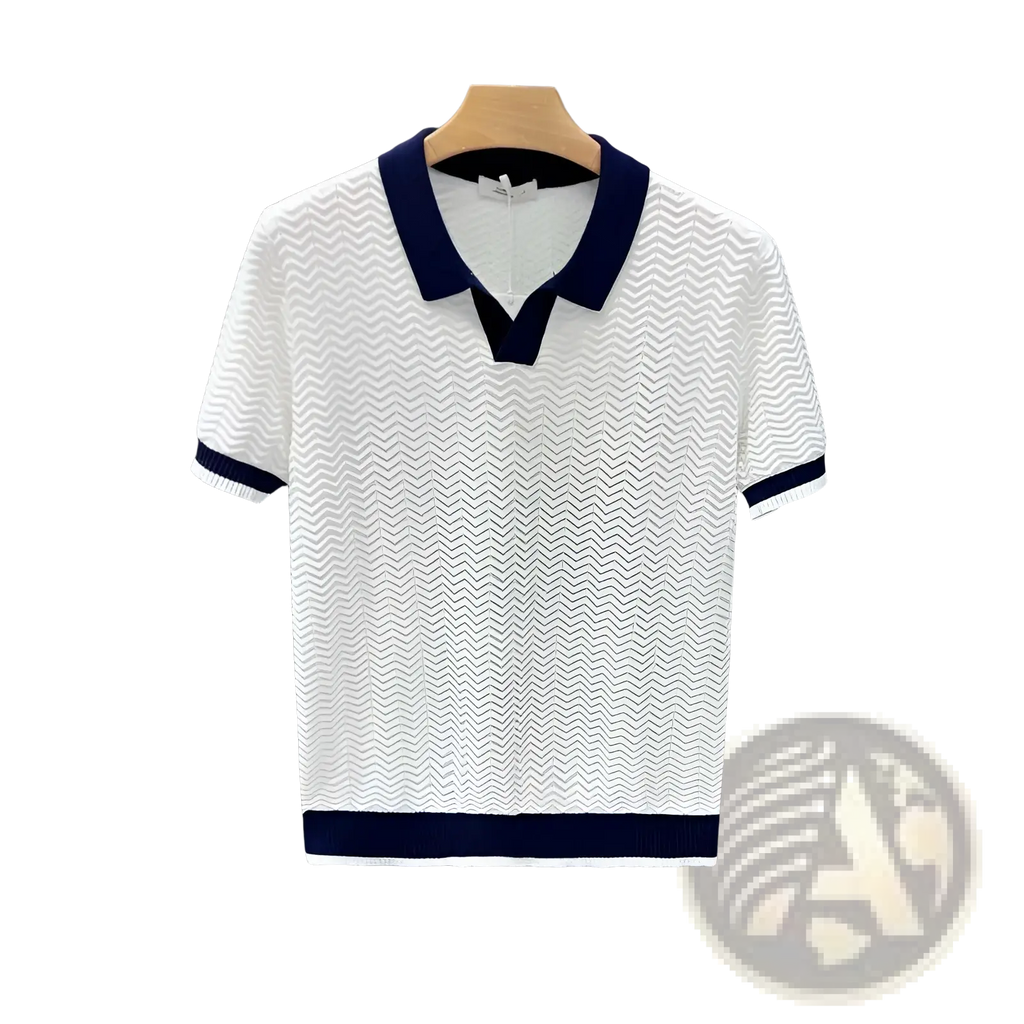 Men’s casual pleated dress pants paired with a white knit polo shirt featuring navy collar, cuffs, and wavy texture