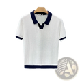 Men’s casual pleated dress pants paired with a white knit polo shirt featuring navy collar, cuffs, and wavy texture