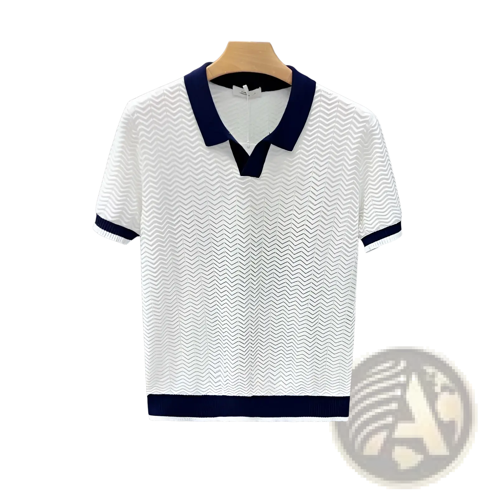 Men’s casual pleated dress pants paired with a white knit polo shirt featuring navy collar, cuffs, and wavy texture