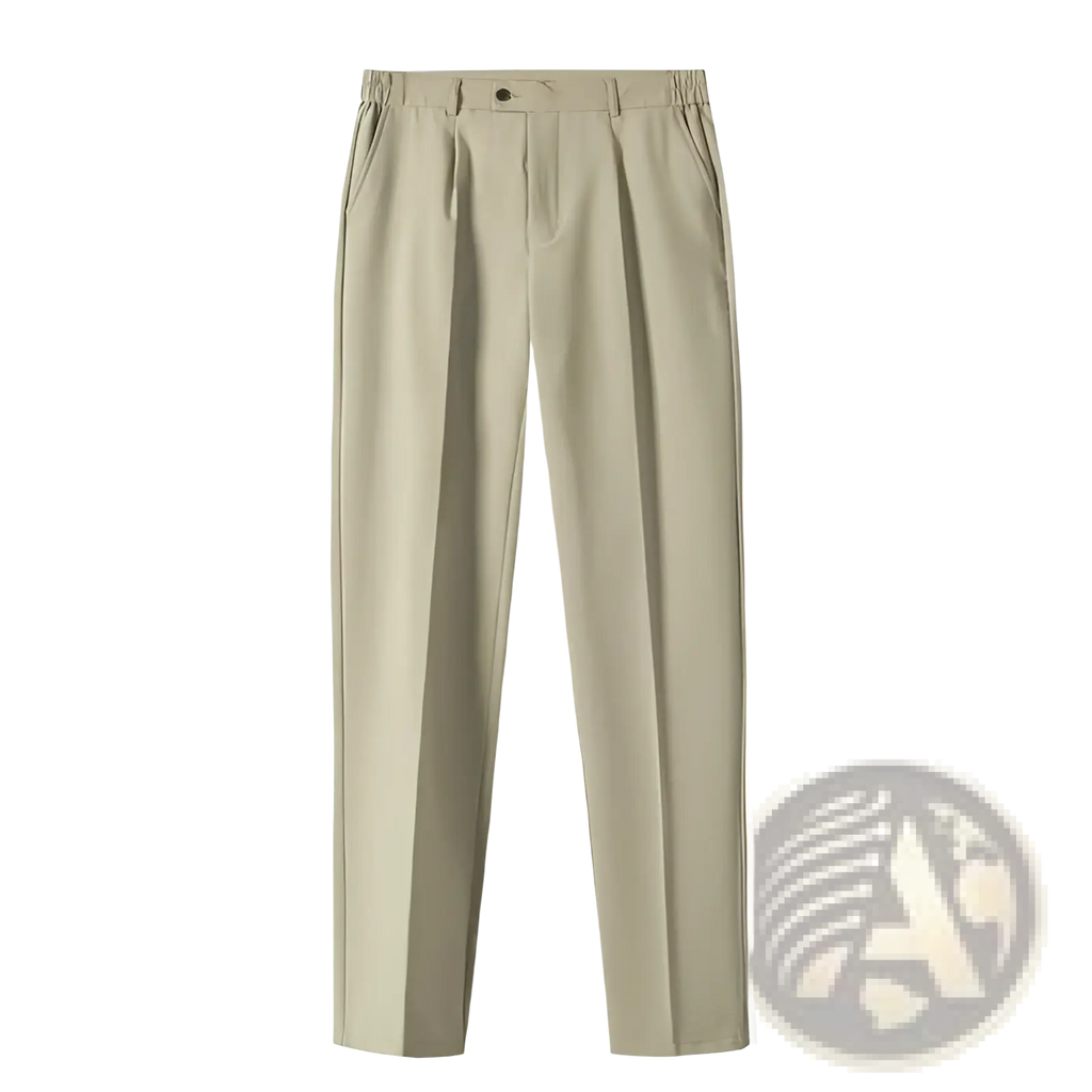 Men’s casual pleated beige trousers with elastic waistband and single button closure for comfortable dressing