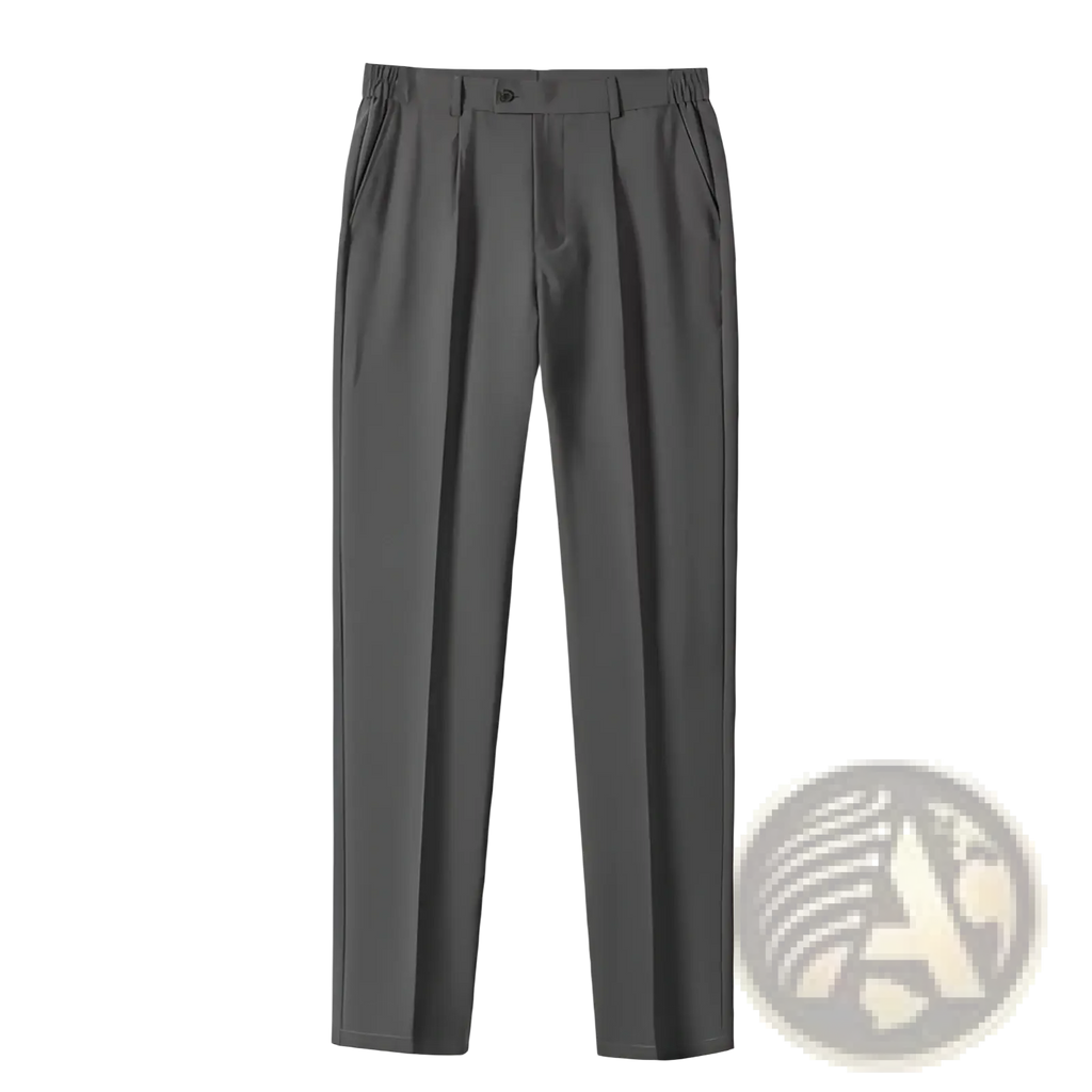 Dark gray men’s casual pleated dress pants with elastic waistband and single button closure for comfortable wear