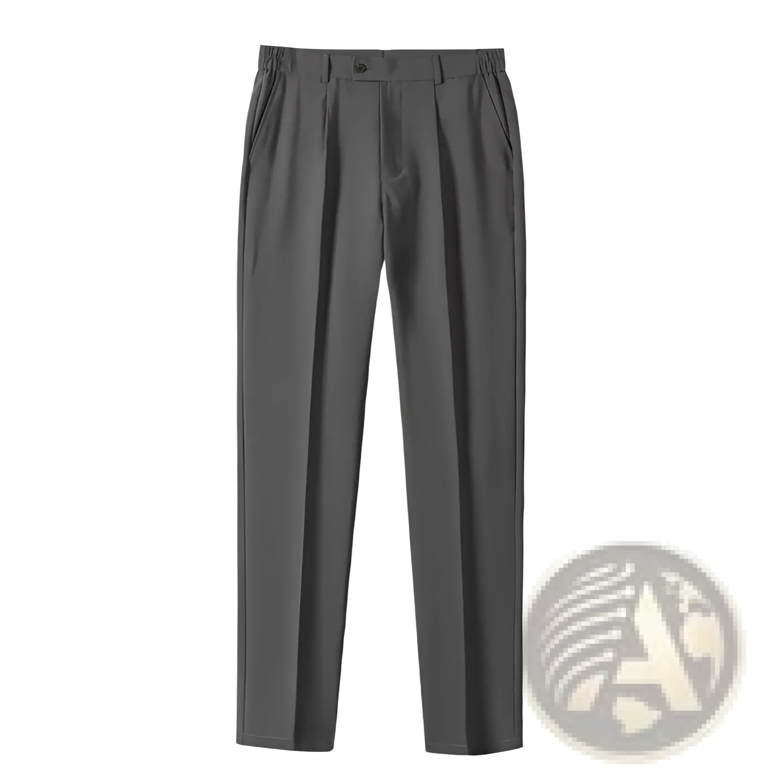 Dark gray men’s casual pleated dress pants with elastic waistband and single button closure for comfortable wear
