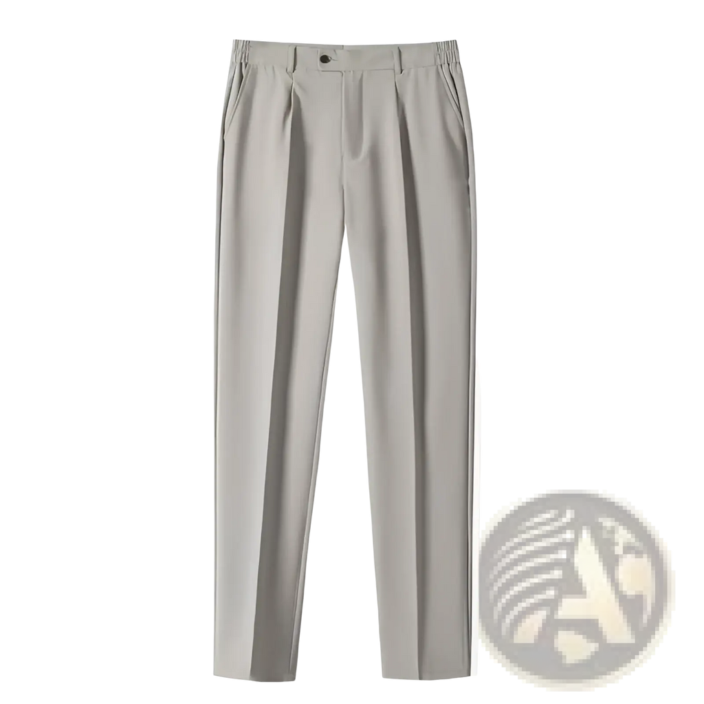 Light gray men’s casual pleated dress pants with relaxed fit and elastic waistband, perfect for everyday wear