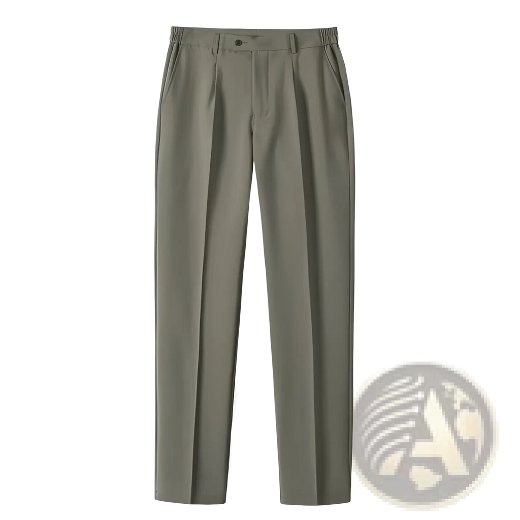 Men’s casual olive green pleated dress pants with an elastic waistband for comfortable everyday wear