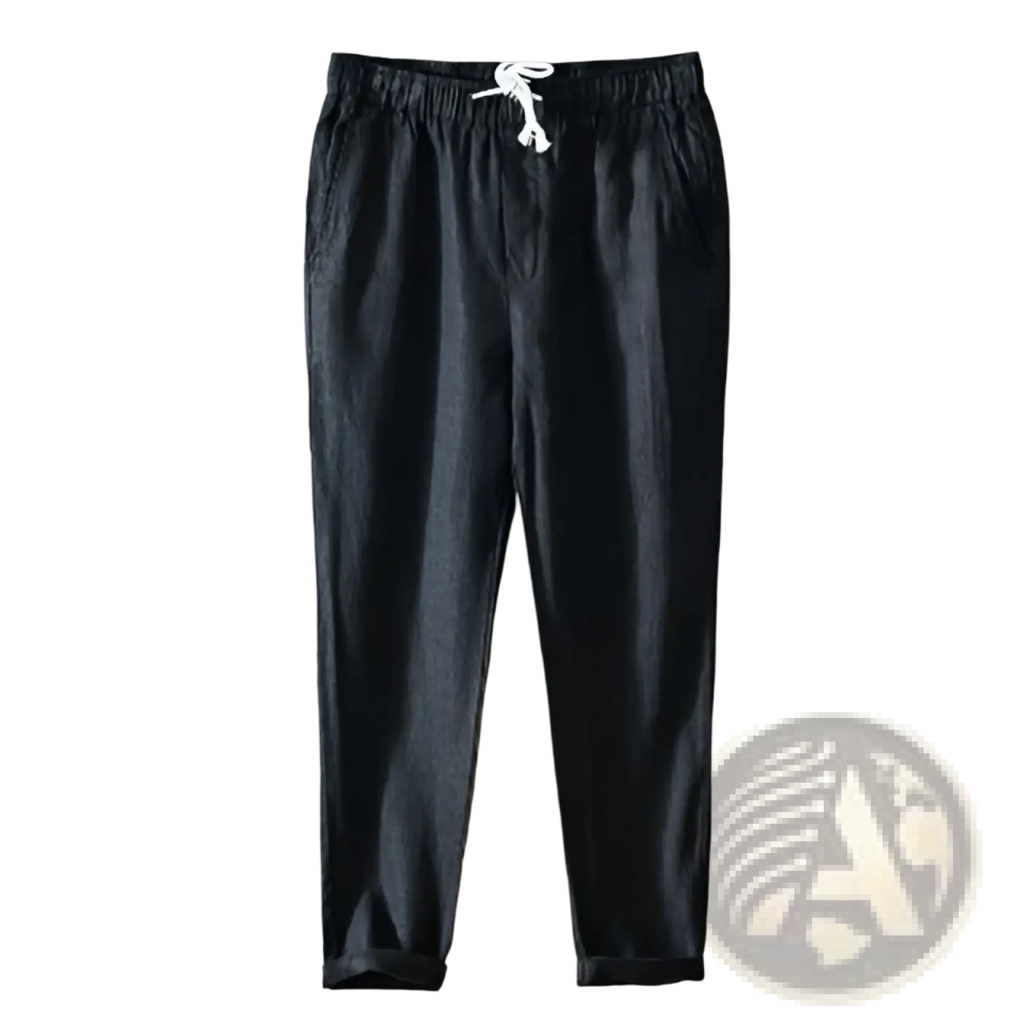 Men’s casual plus size straight fit black linen joggers with white drawstring waistband for comfortable wear