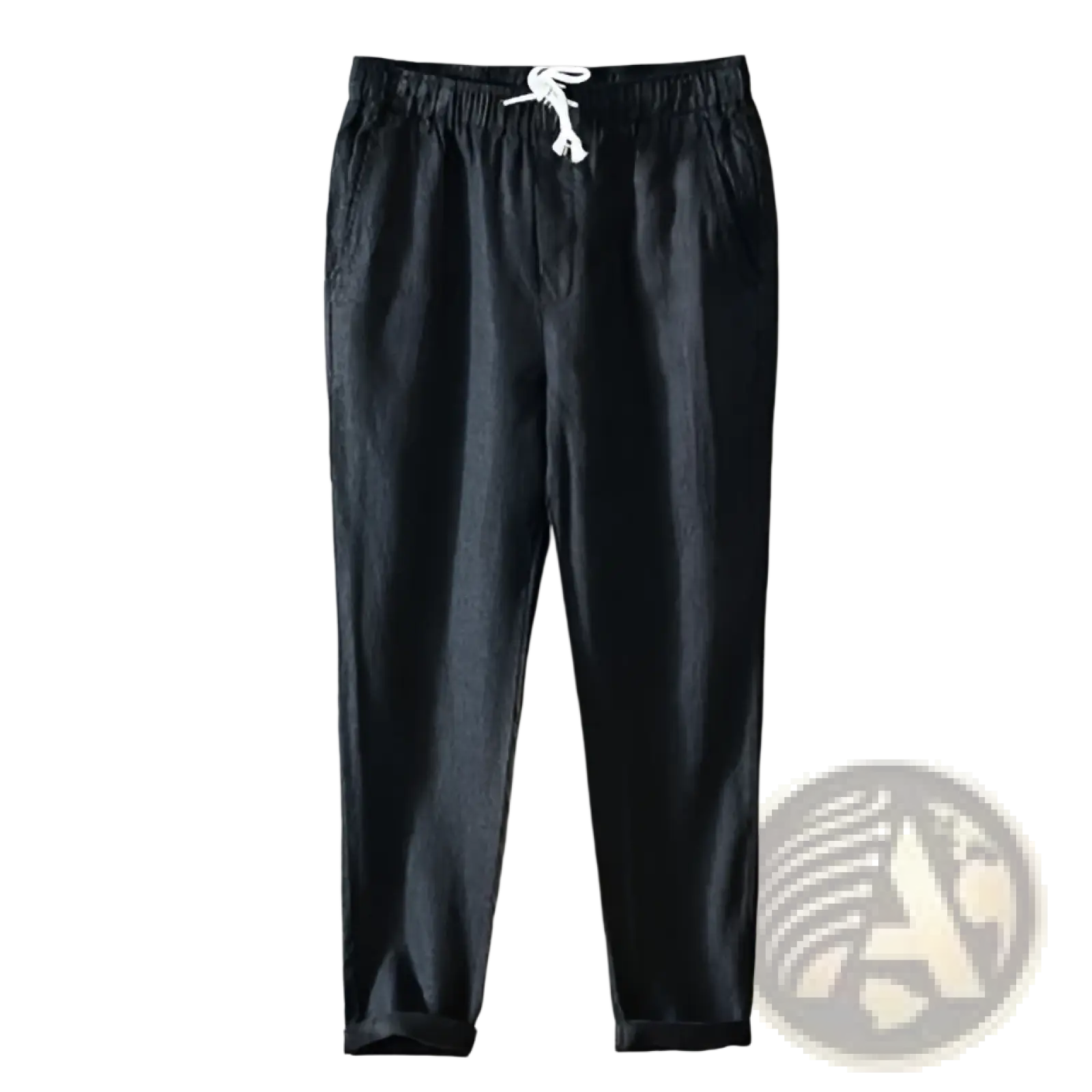 Men’s casual plus size straight fit black linen joggers with white drawstring waistband for comfortable wear