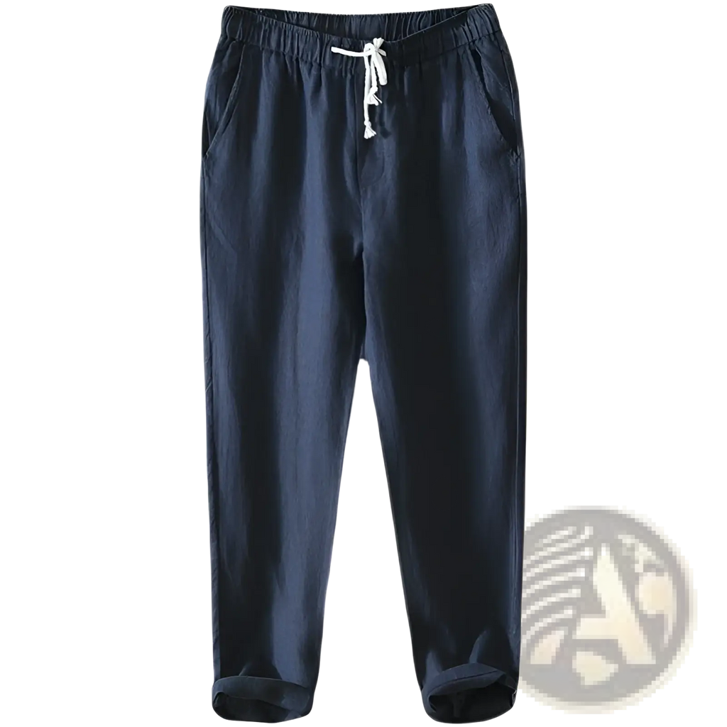 Men’s casual plus size straight fit dark blue linen joggers with white drawstring waistband and cuffed hems
