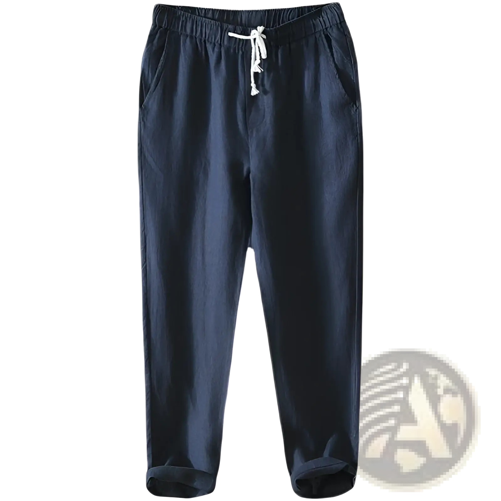 Men’s casual plus size straight fit dark blue linen joggers with white drawstring waistband and cuffed hems