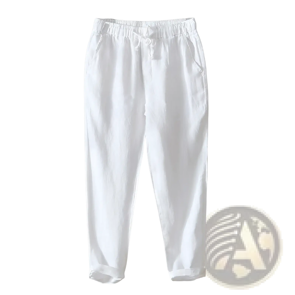 Men’s casual plus size straight fit linen joggers in white cotton with elastic waistband drawstring and rolled cuffs