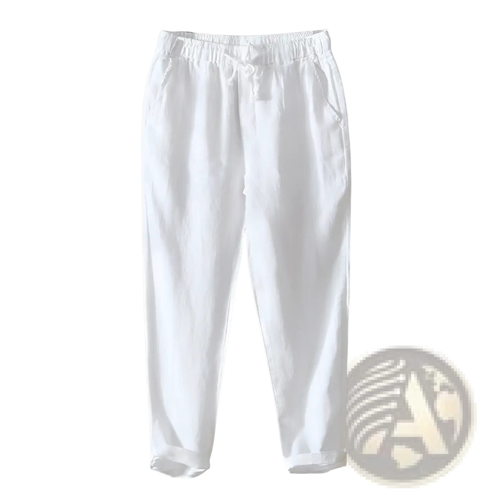Men’s casual plus size straight fit linen joggers in white cotton with elastic waistband drawstring and rolled cuffs