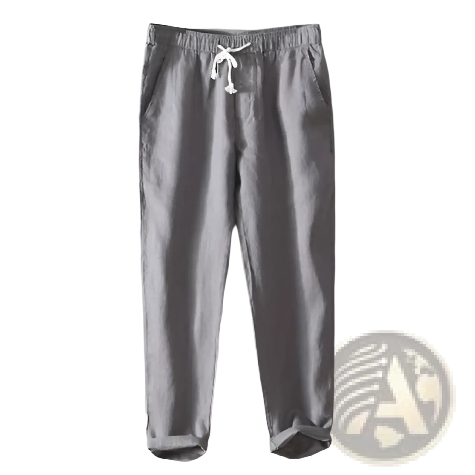 Men’s casual plus size straight fit linen joggers in gray cotton with white drawstring cord and rolled cuffs