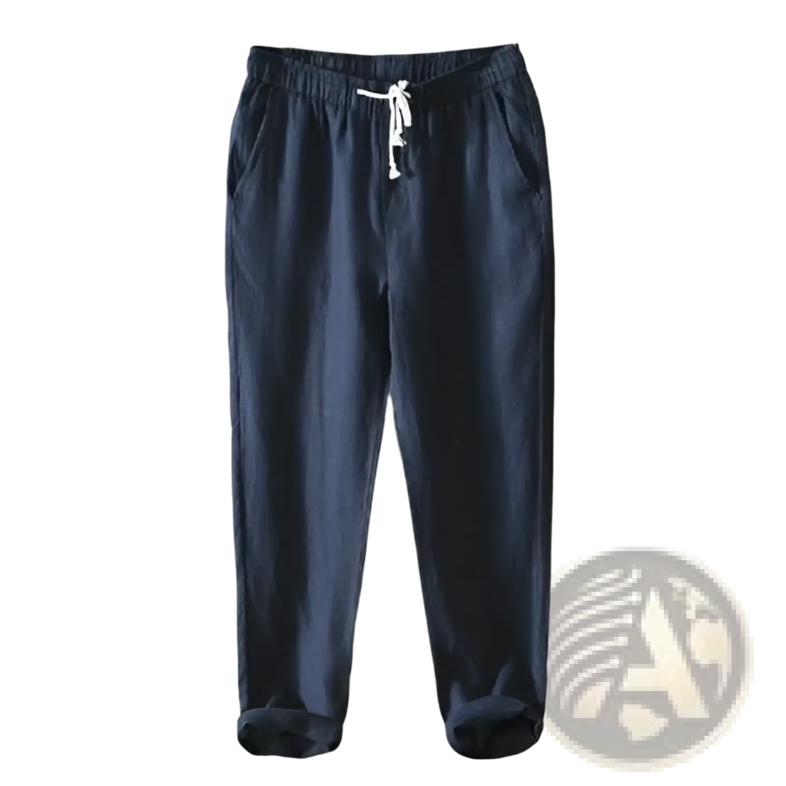 Men’s casual plus size straight fit linen joggers in dark blue cotton with white drawstring and elastic waistband