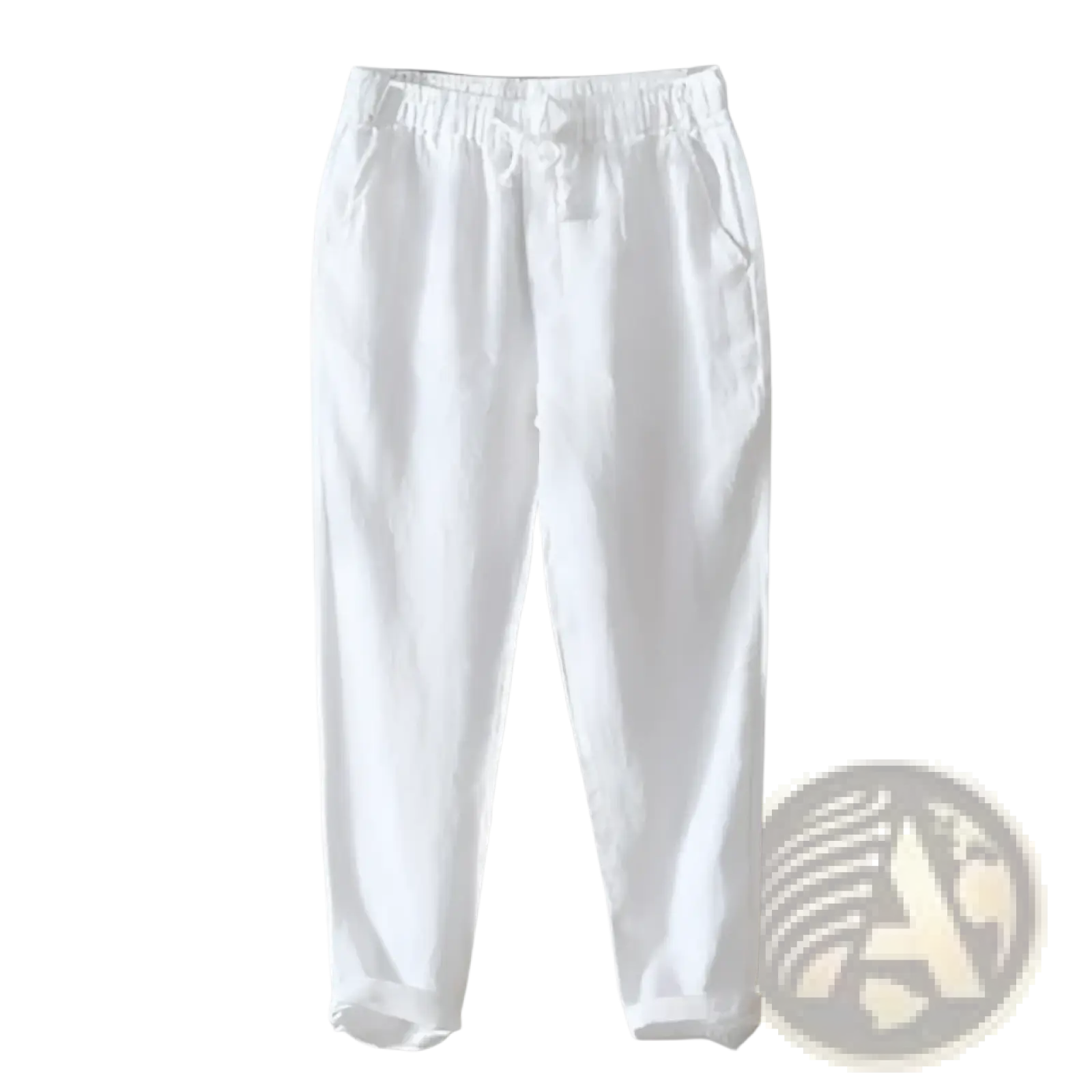 Men’s casual plus size straight fit white linen joggers with elastic waistband drawstring relaxed fit rolled cuffs