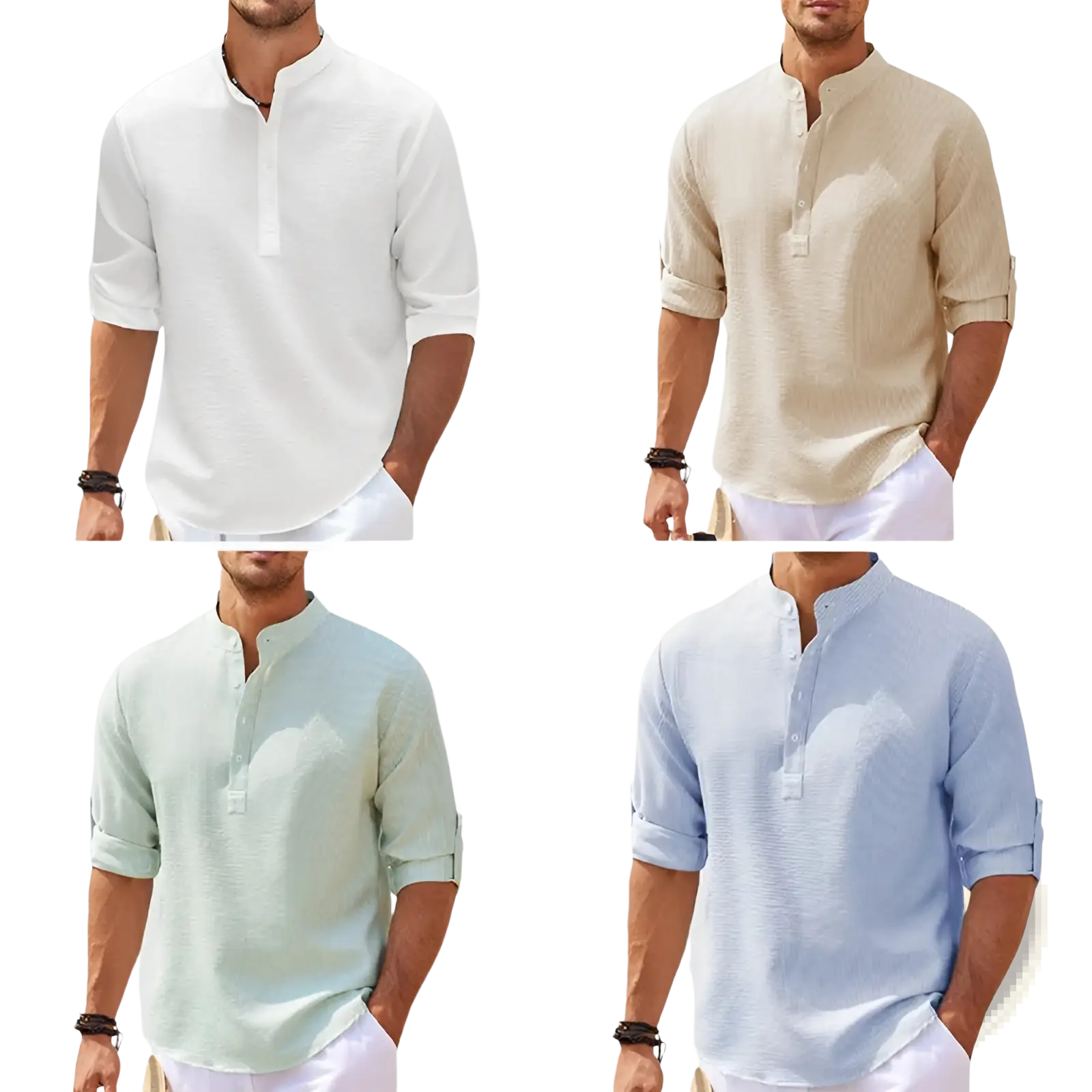 Mens casual ribbed cotton blend short-sleeved button-up shirts in white beige light green and light blue with textured finish