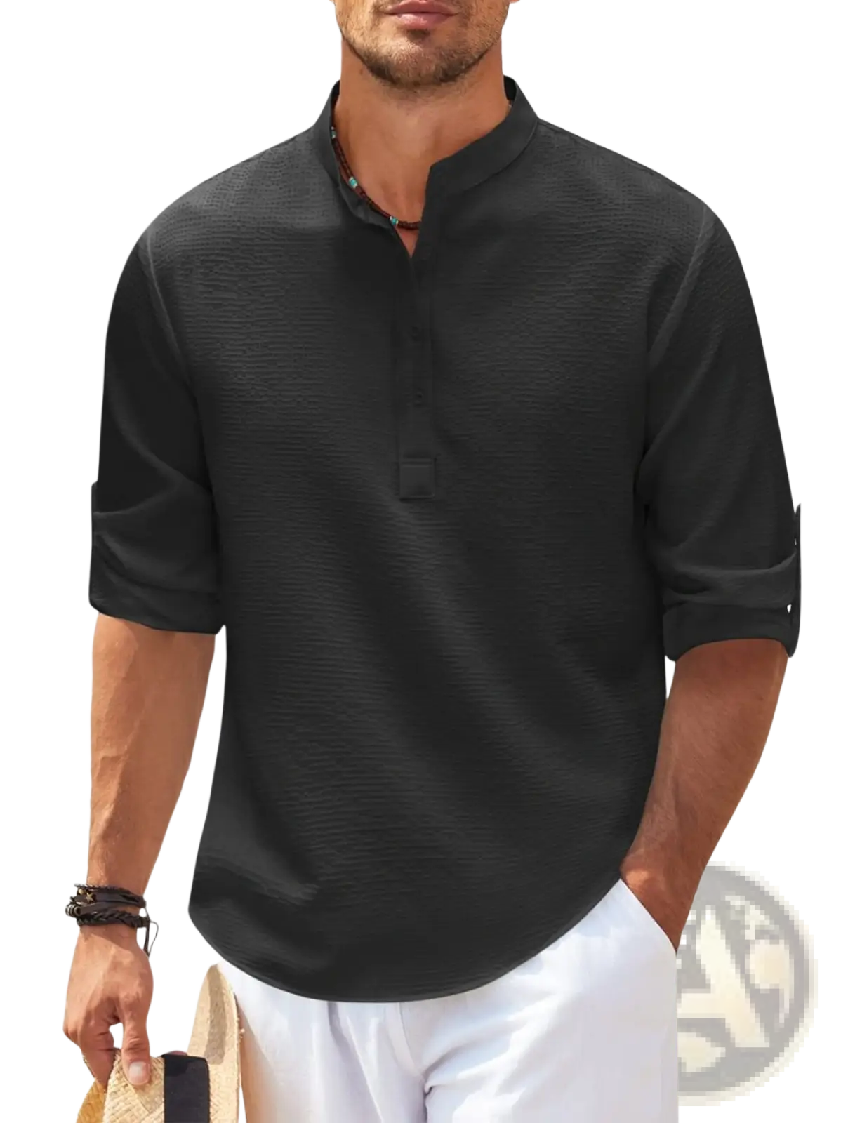 Men’s casual black ribbed cotton blend shirt with short sleeves, mandarin collar, and rolled cuffs