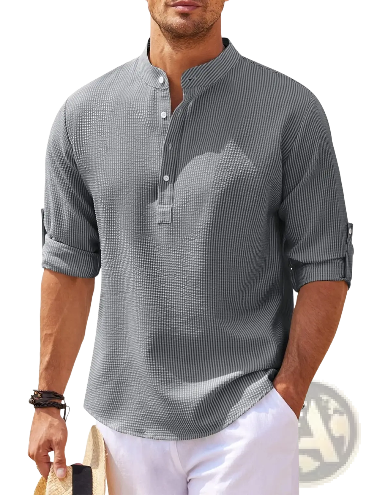 Men’s casual gray striped short-sleeved button-up shirt with subtle waffle texture and ribbed cotton blend material