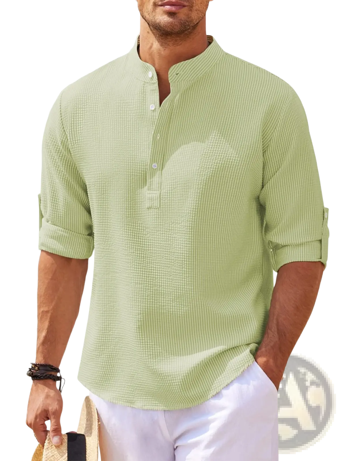 Men’s casual light green ribbed cotton blend short-sleeved button-up shirt with rolled cuffs and stand collar
