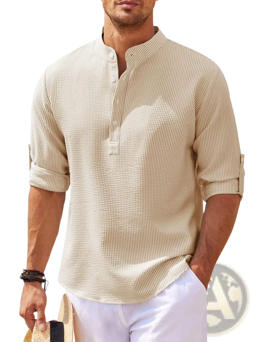 Beige striped waffle-knit ribbed cotton blend button-down shirt with rolled sleeves for men’s casual wear