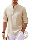 Beige striped waffle-knit ribbed cotton blend button-down shirt with rolled sleeves for men’s casual wear