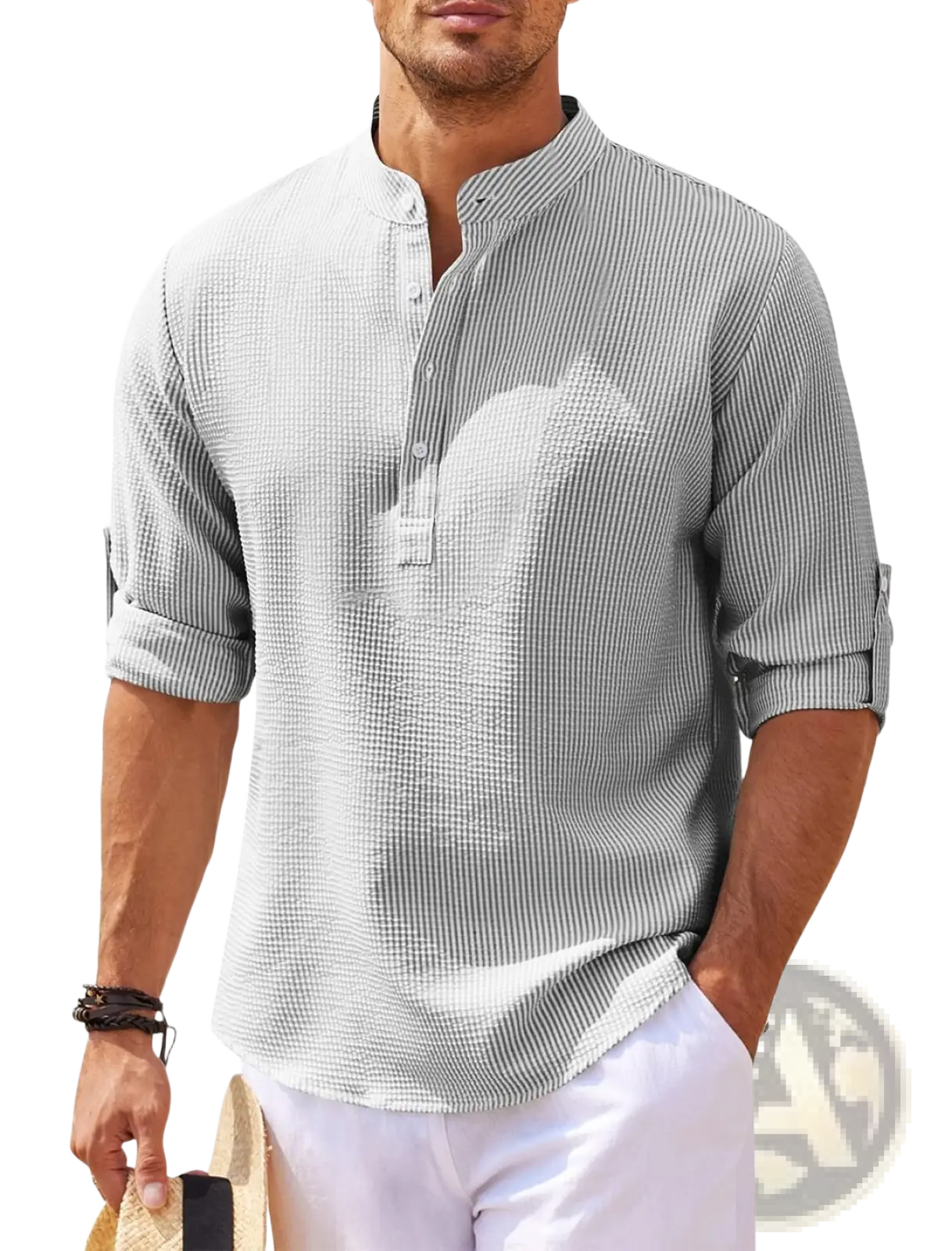 Men’s casual ribbed cotton blend shirt with light gray and white vertical stripes and rolled sleeves
