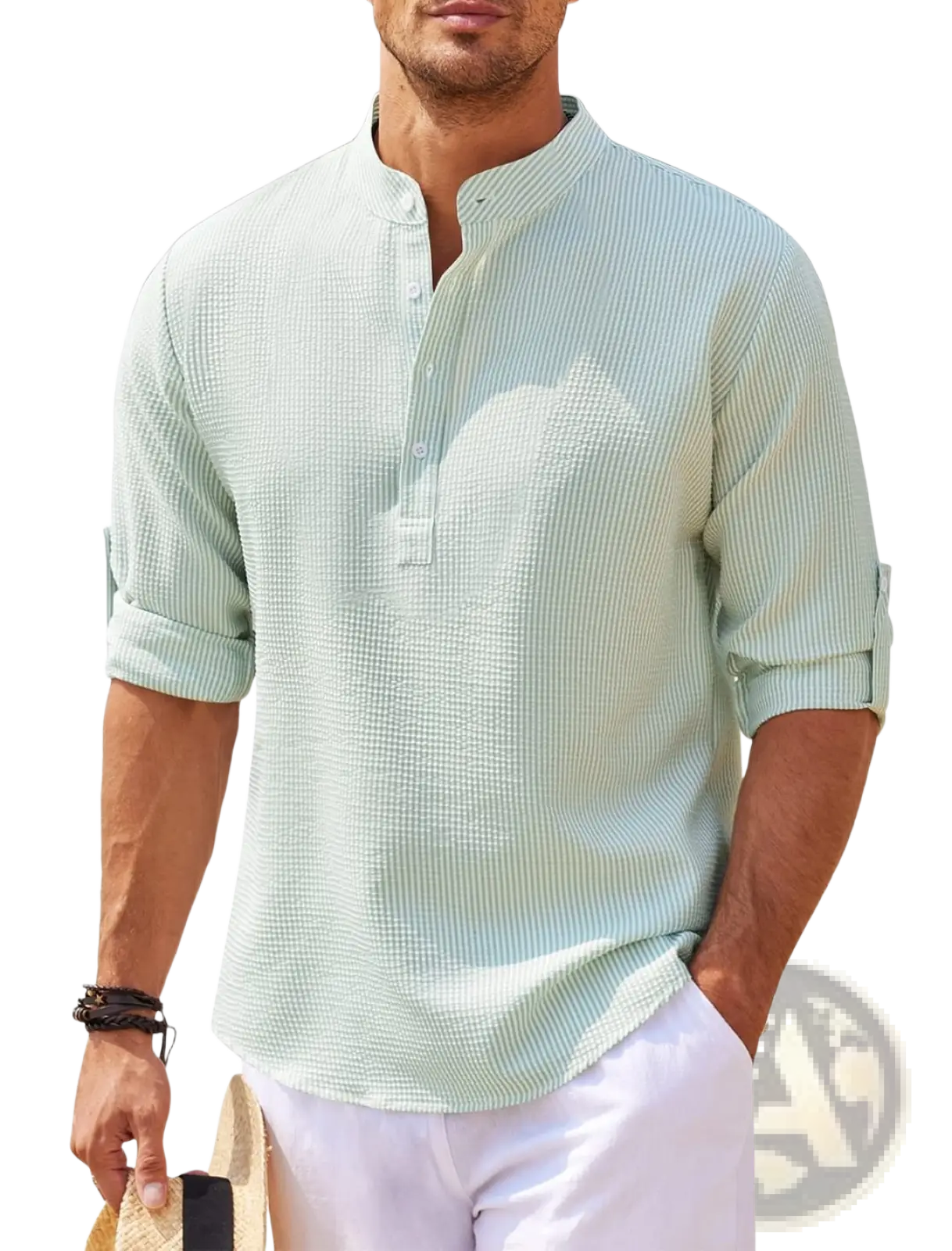 Men’s casual ribbed cotton blend stand collar shirt in light green and white vertical stripes with rolled sleeves